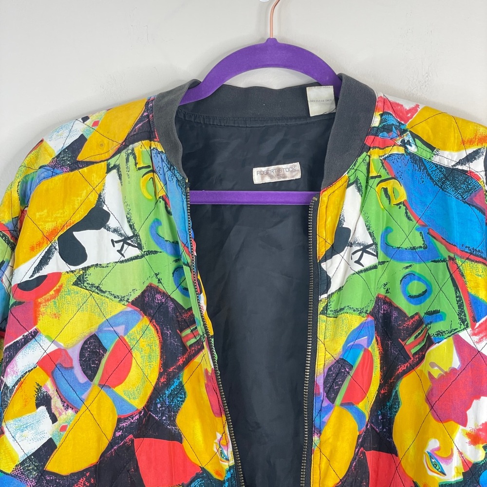 Vintage Robert Stock Silk Bomber Jacket Medium Abstract Graffiti Urban Chic READ - Picture 3 of 16